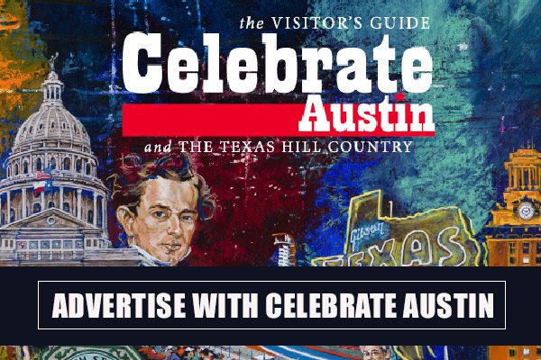 A book cover with an image of a man and the words " advertise with celebrate austin ".