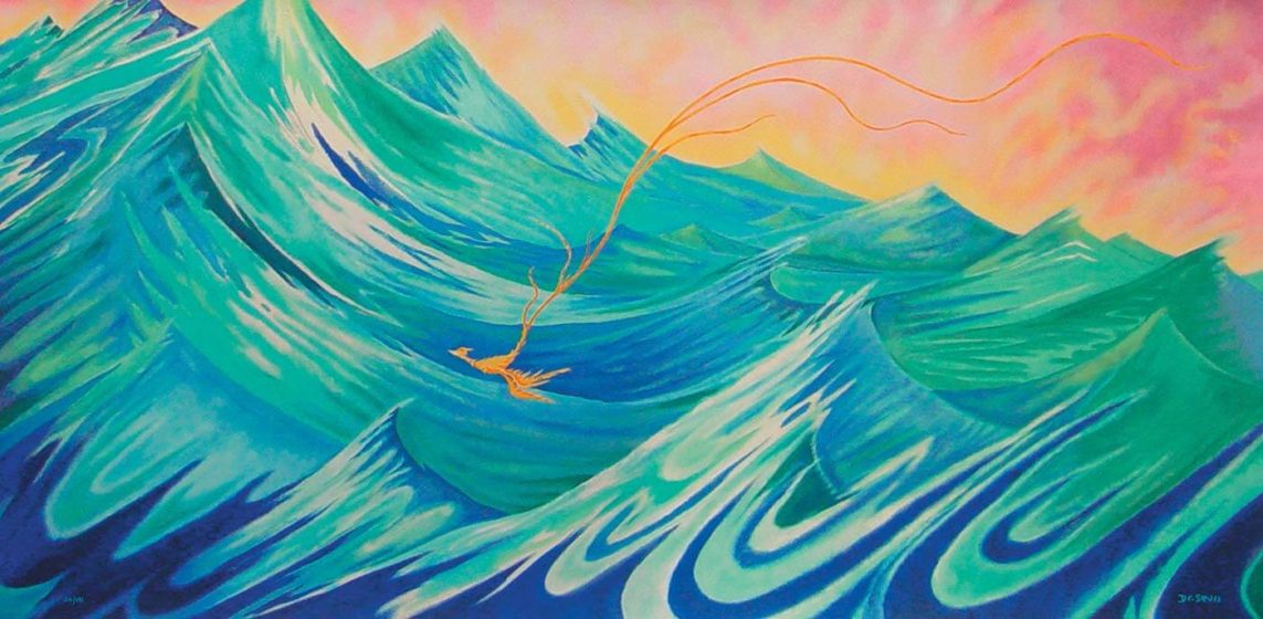 A painting of waves and a person on a surfboard.