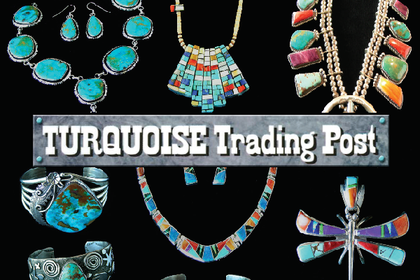 A collection of turquoise jewelry is displayed.