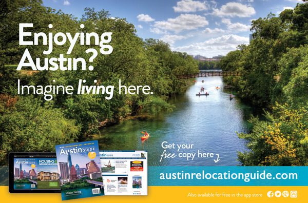 A poster of the austin river with a view of the city.