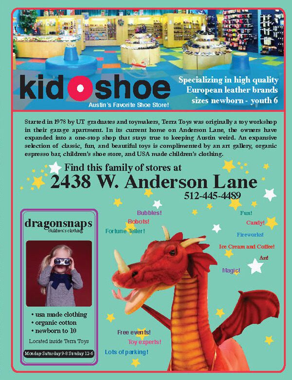A kid 's shoe advertisement with a dragon.