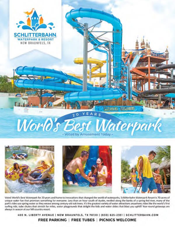 A poster of water park with people and rides.