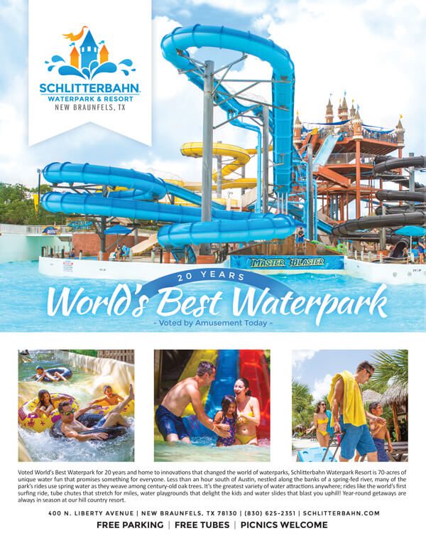 A poster of water park with people and waterslides.