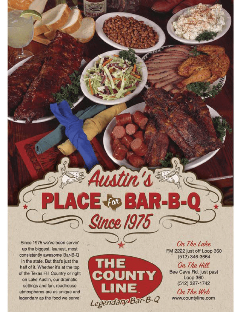 A poster of various meats and sides on the table.