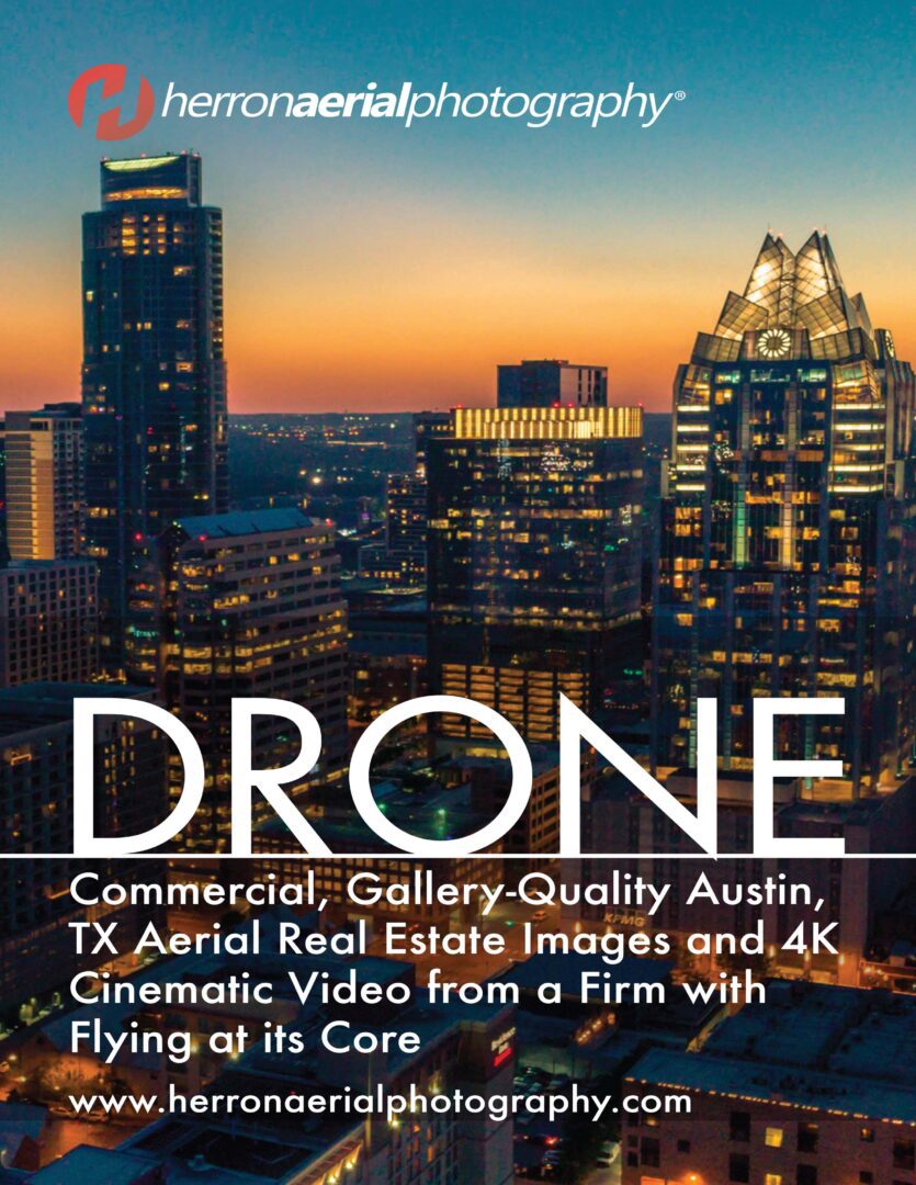 A picture of the city skyline with the word " drone ".
