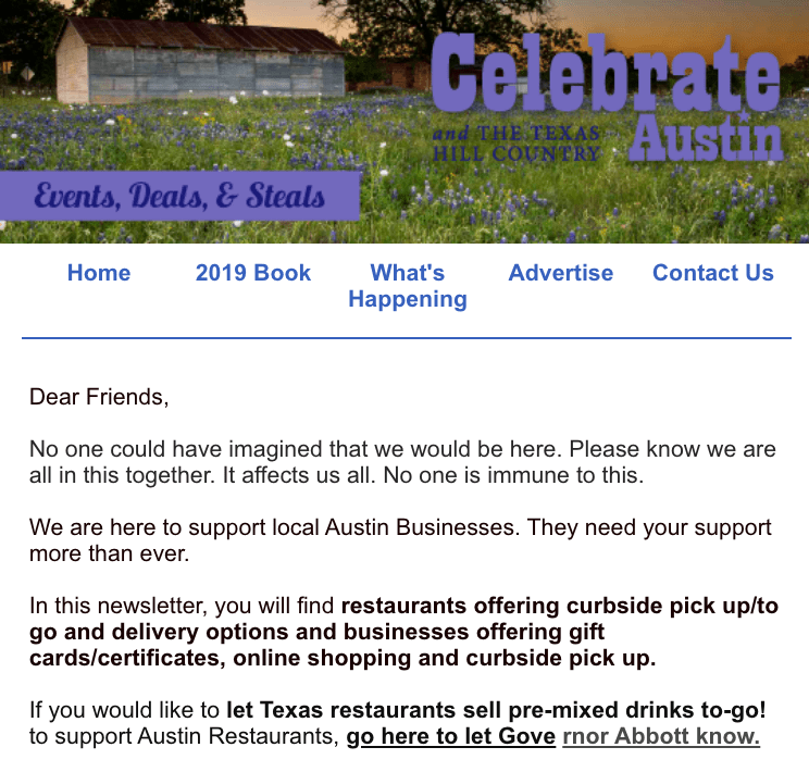 A page of the website for celebrate austin.